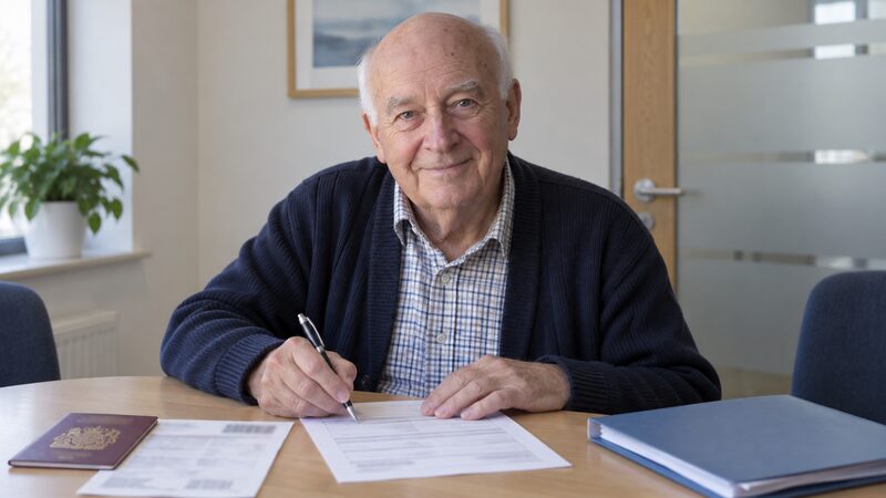 An older man fills in a loan form at a table with a passport and bill beside him.