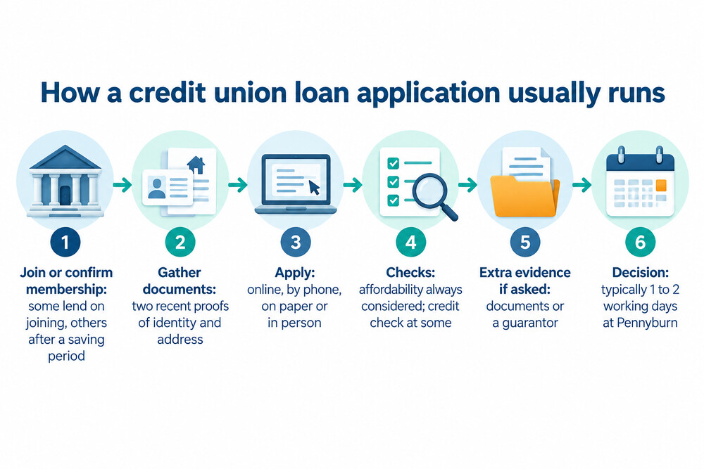 Diagram of the steps in a credit union loan application, from joining to receiving the money