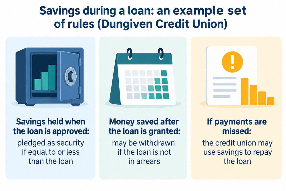 Diagram showing which savings are pledged and which can be withdrawn during a loan