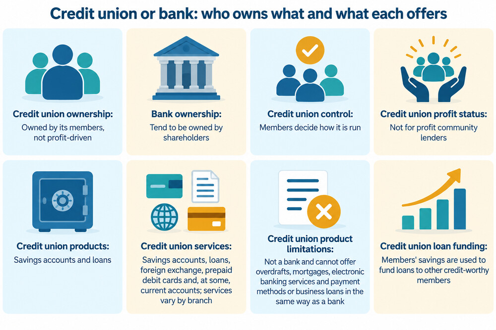 A side-by-side comparison of a credit union and a bank, showing who owns each one and what each offers