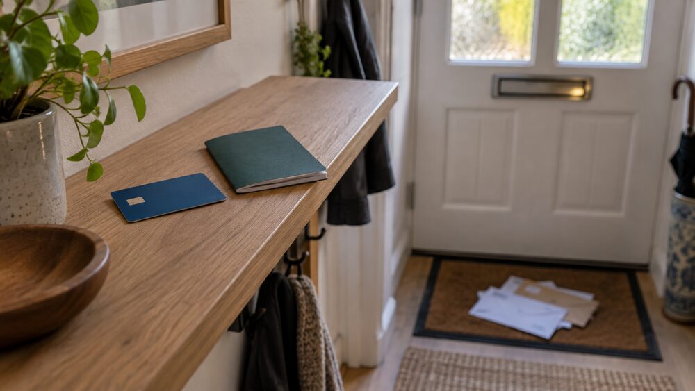 A payment card and a savings book lie on a hallway shelf above post on the doormat.