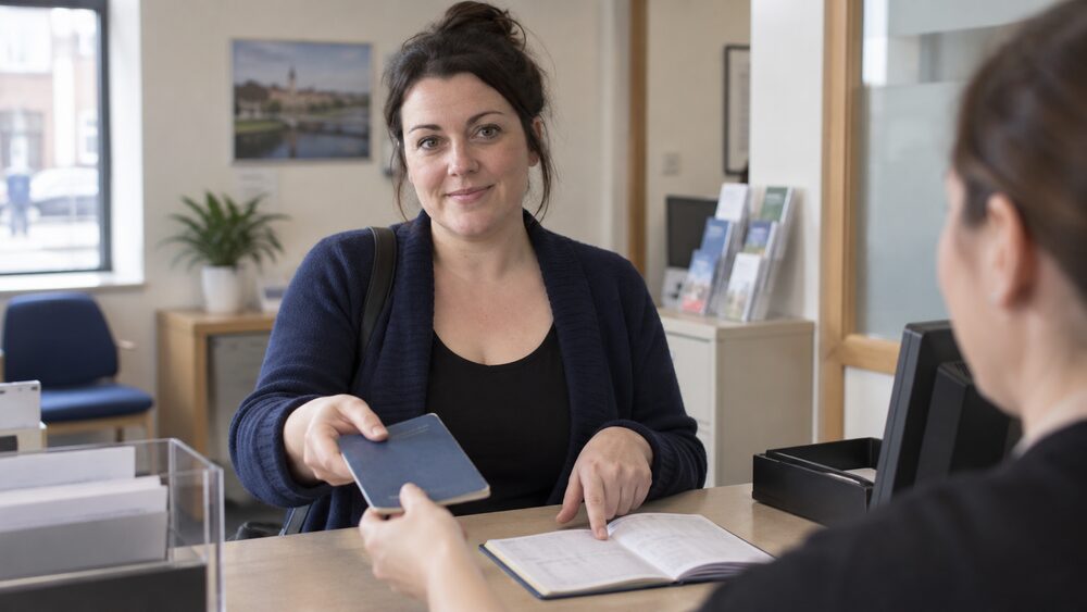 A woman hands a savings passbook across a credit union counter beside an open repayment book.