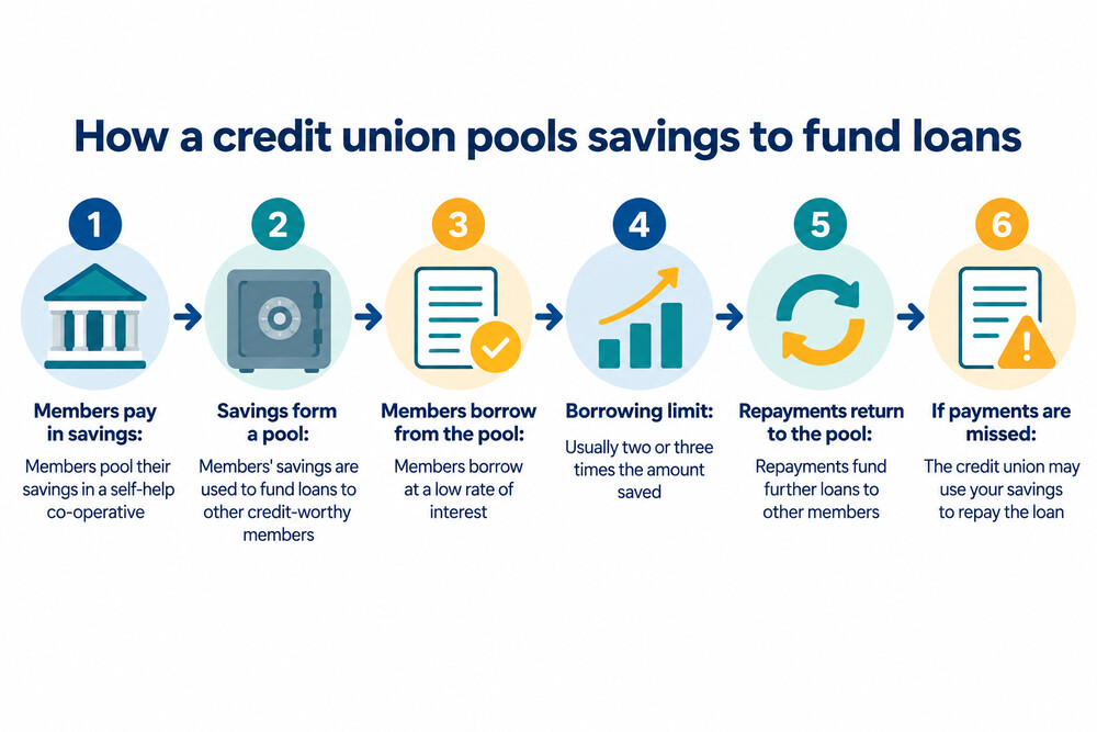 A simple diagram showing savings paid in by members forming a pool that funds loans to other members