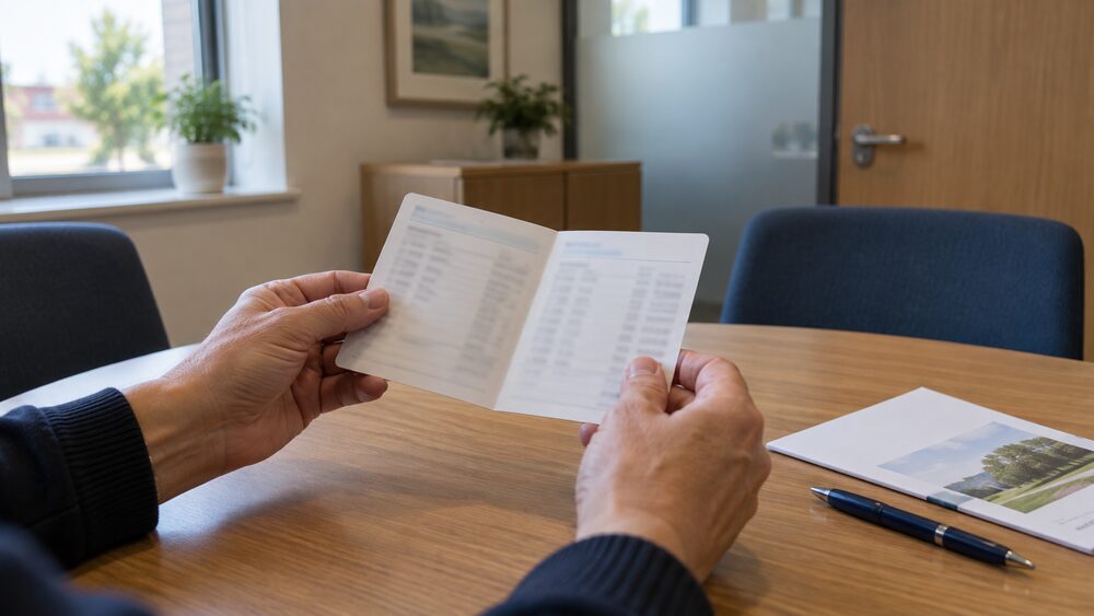 Hands hold an open passbook on a table beside a pen and a plain leaflet.