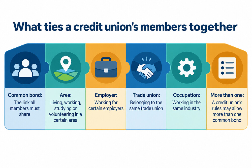 A simple diagram showing a credit union's common bond linking members by area, employer or trade union