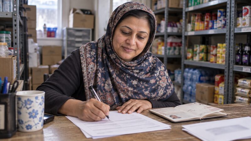 A shopkeeper in a headscarf fills in a membership form with a passport and envelope beside her.
