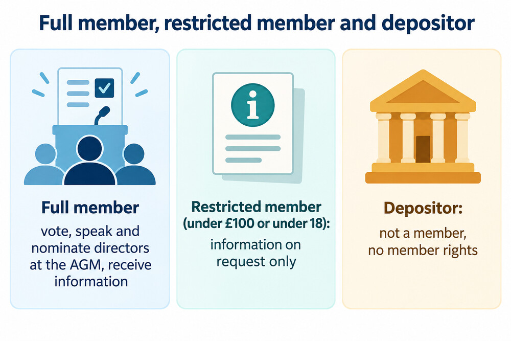 The three levels of standing with a building society, from full member to depositor