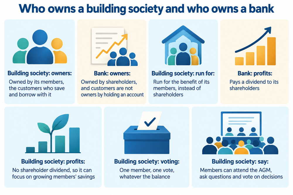 A diagram-style image contrasting a building society, owned by its savers and borrowers, with a bank, owned by external shareholders