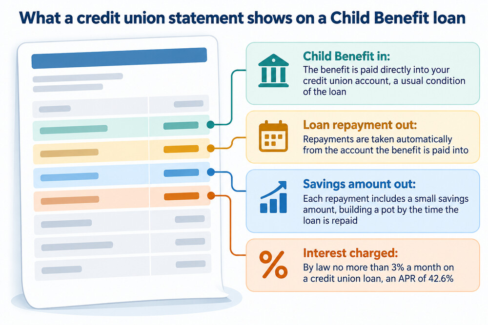 A credit union account statement showing a Child Benefit payment arriving, a loan repayment leaving, and a remaining balance