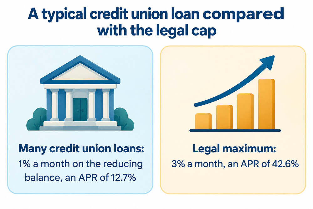 A comparison of a typical credit union loan rate with the legal maximum