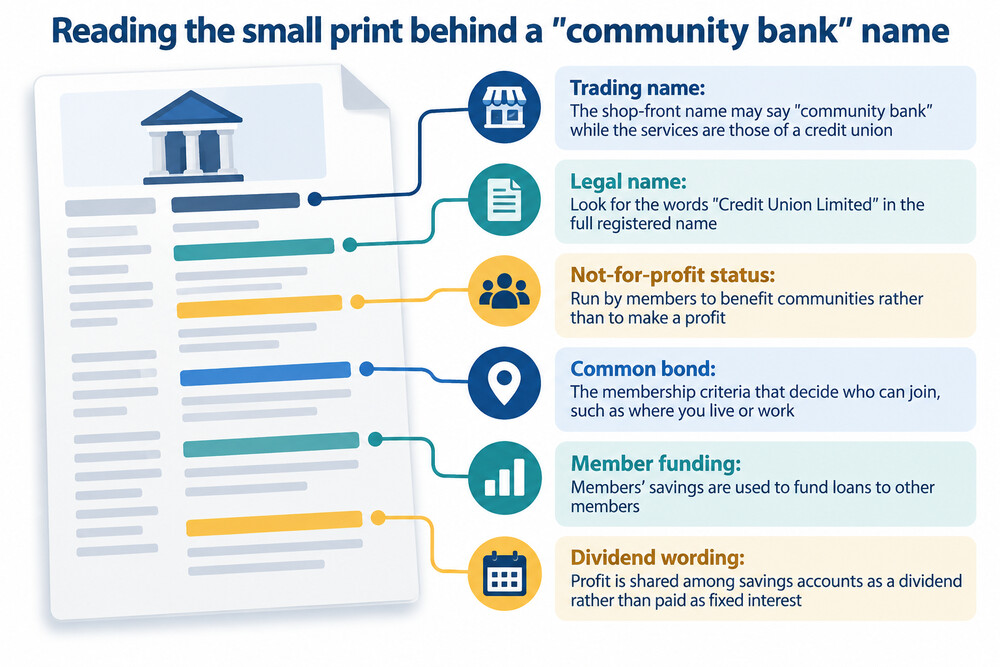 A credit union's website footer showing its legal status as a credit union beneath its community bank trading name