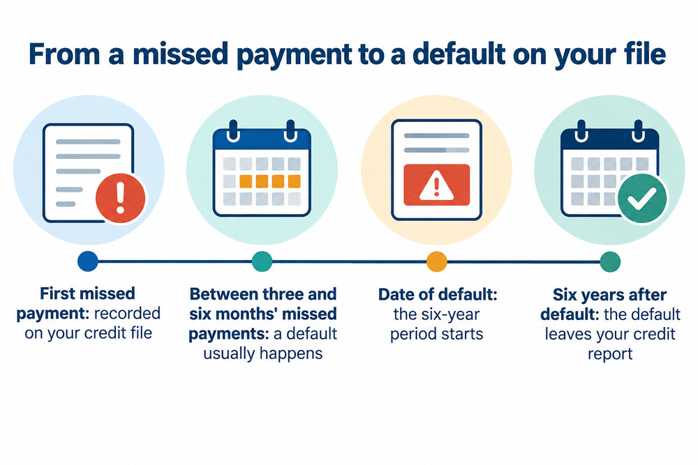 A timeline showing a missed loan payment, then a default and then six years on the credit file