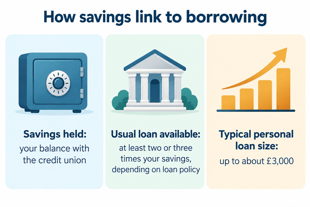 A bar showing a savings balance and a larger bar showing a loan of two or three times that amount