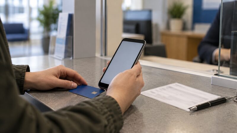 Hands rest a debit card and phone beside a paying-in slip on a counter.