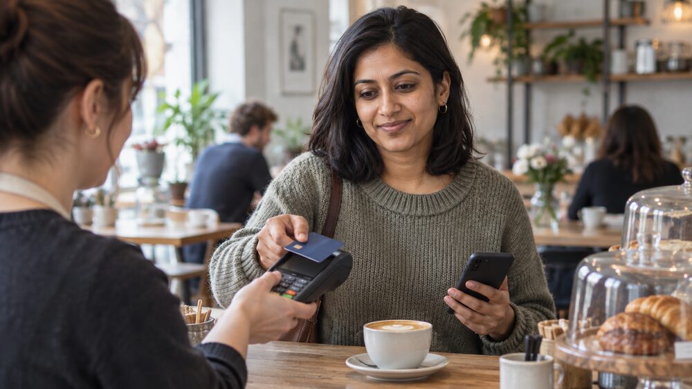 A woman taps a debit card on a contactless reader at a cafe counter.