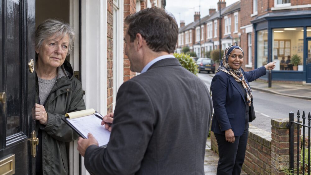 A wary older woman holds her door ajar to a caller with a clipboard on the step.