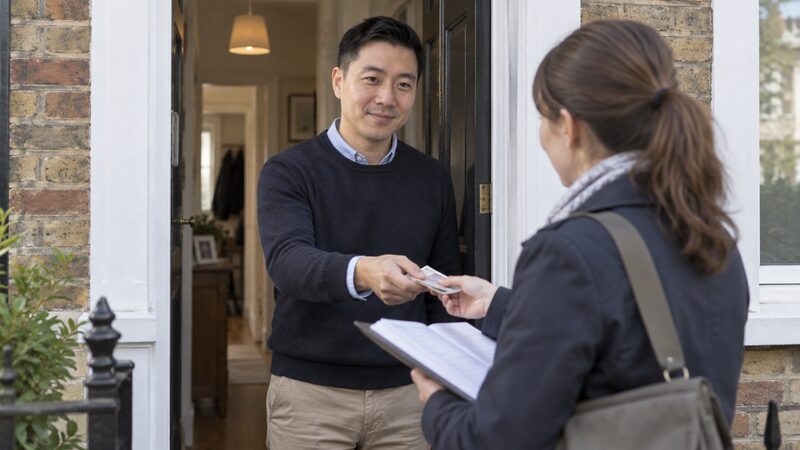 A man hands cash to a doorstep agent at his open front door.