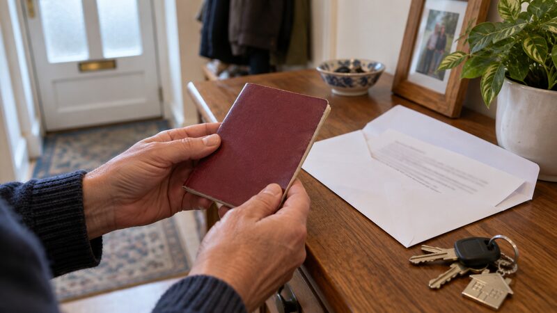 Hands hold a passbook beside an opened envelope and keys on a hallway table.