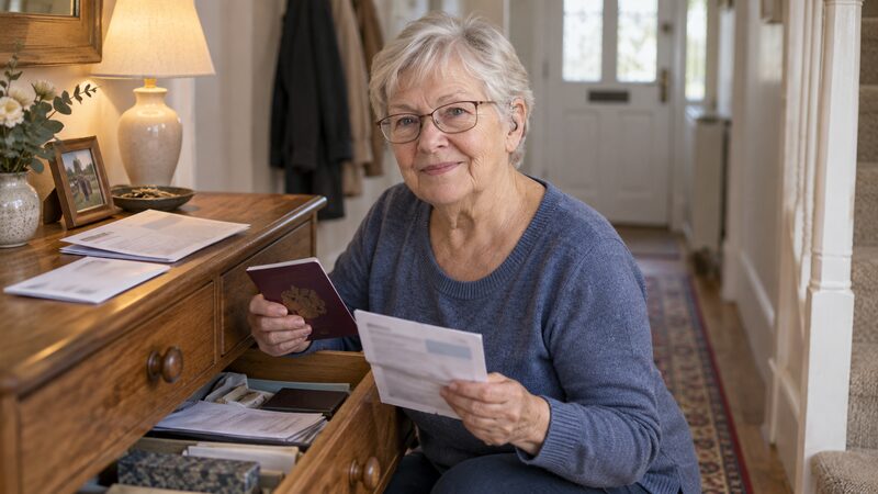 An older woman kneels at a dresser drawer holding a passport and a bill.