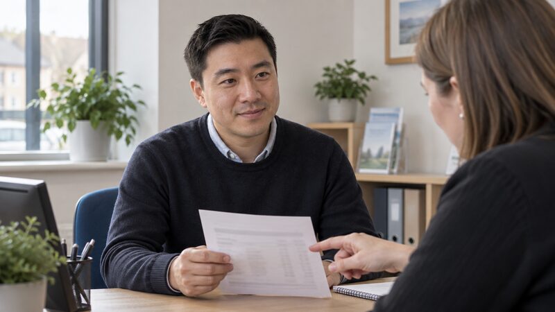 A man sits across a desk from an adviser holding a loan statement.