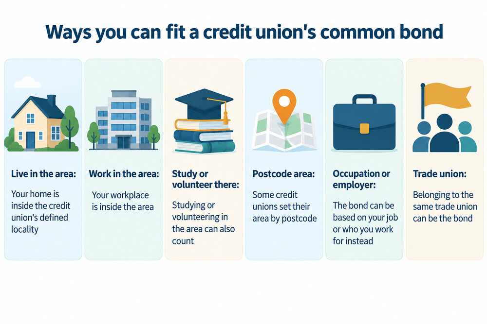 A map of a local area with a postcode pin showing which credit unions cover the homes and workplaces around it
