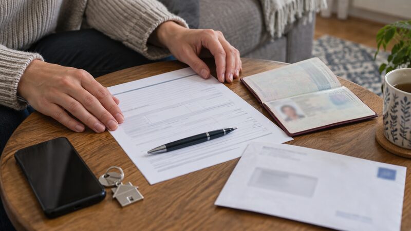Hands lay out a form, passport and bill on a home side table.