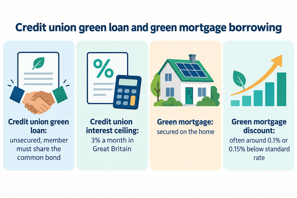 A side-by-side comparison of a credit union green loan and a green mortgage