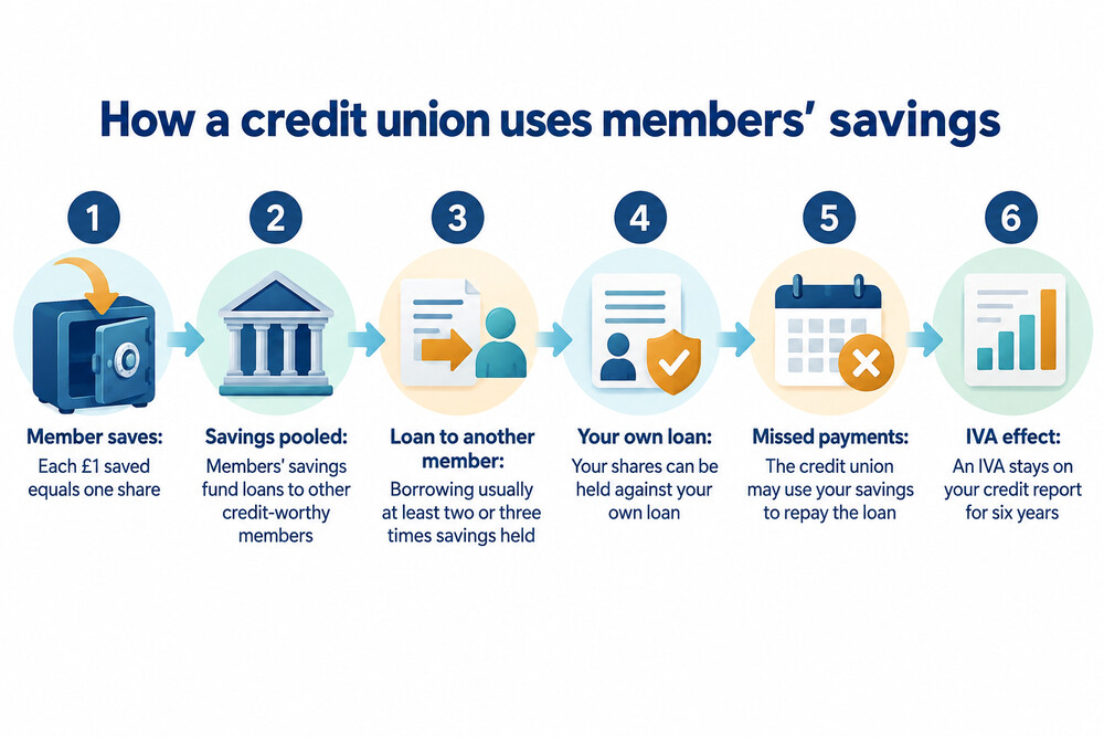A simple diagram showing a credit union member's savings funding another member's loan, with the member's own loan secured against their shares