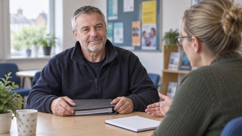 A man sits calmly with a folder facing a debt adviser at a table.