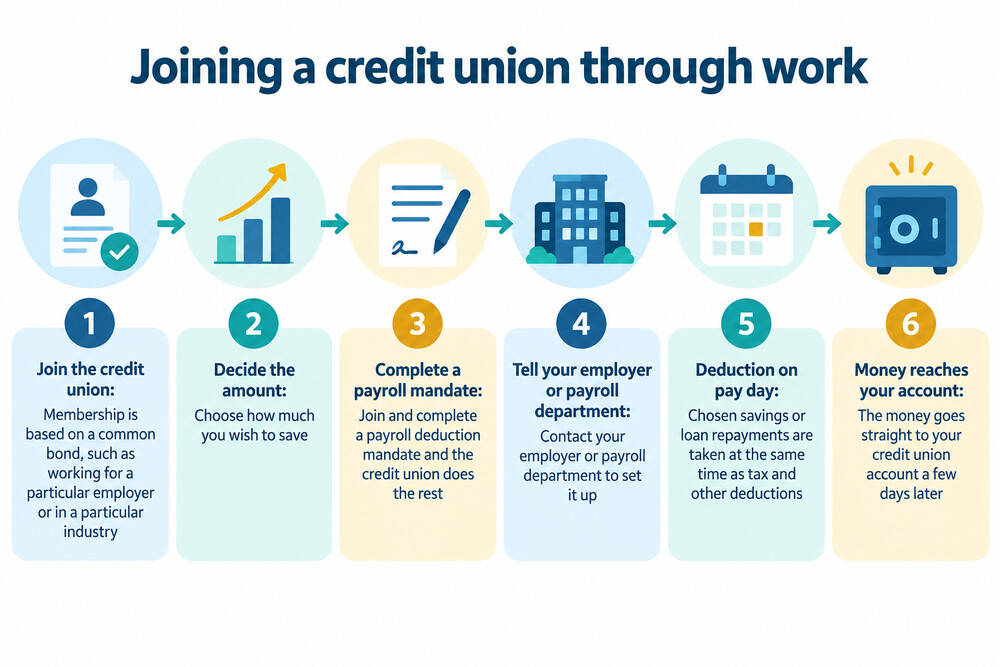 A three-step diagram showing joining a credit union, choosing an amount and instructing payroll