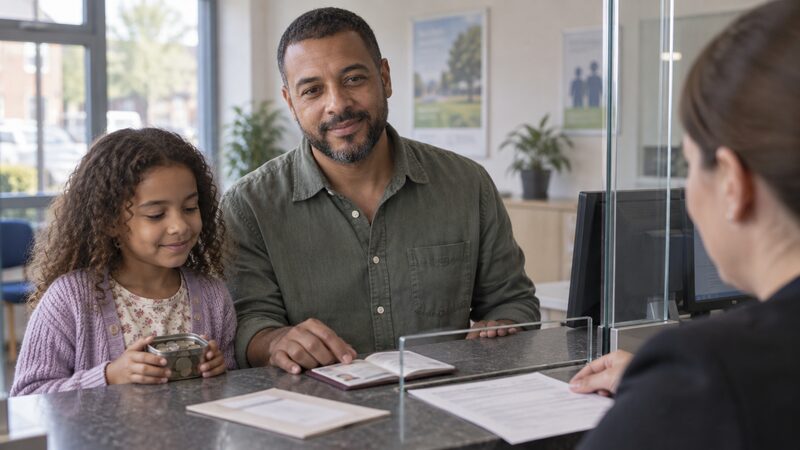 A father and daughter open a junior savings account at a credit union counter.
