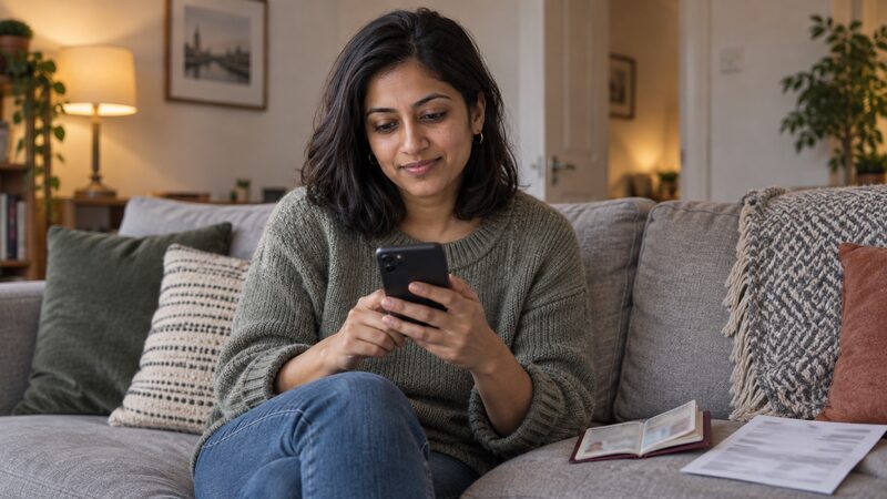 A woman fills in a membership application on her phone beside a passport.