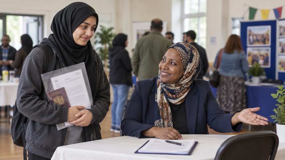 A student holds a folder of ID at a welcome table where a manager gestures to a seat.