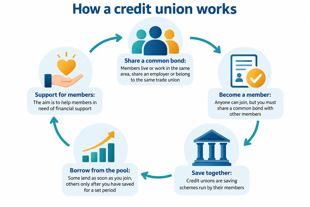 Members of a community credit union talking with staff at a local branch counter