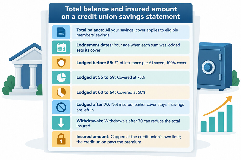 A credit union savings statement showing the balance and the portion covered by life savings insurance