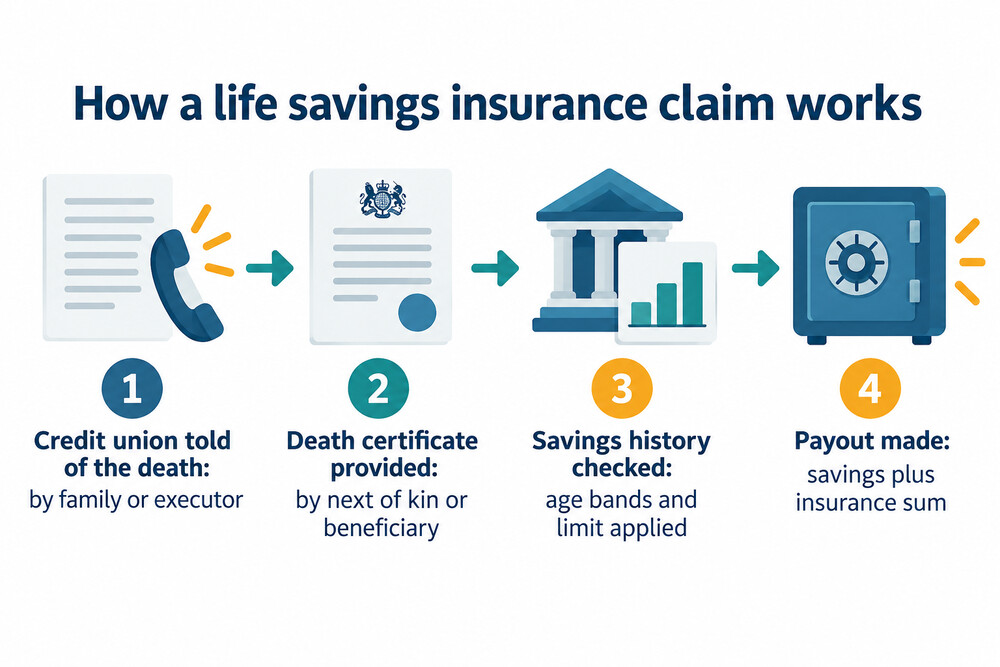 Steps from a member's death to a life savings insurance payout