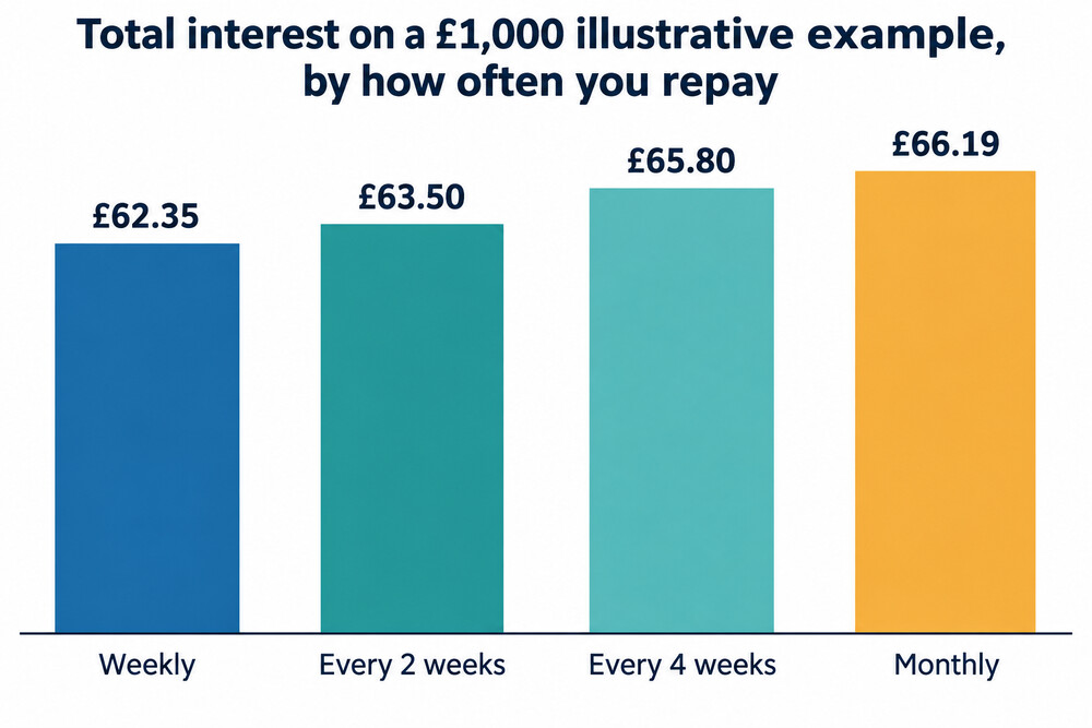 A bar chart of total interest on a £1,000 loan by repayment frequency