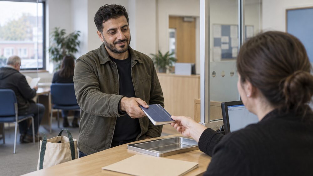 A man hands a loan repayment book across a credit union counter with a bag at his feet.