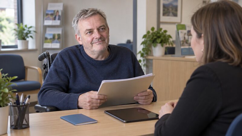 A wheelchair user talks with a staff member at a low desk in a branch.