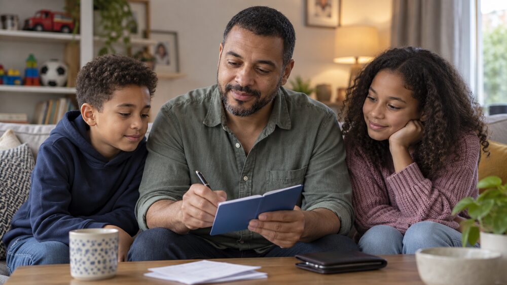 A father sits on a sofa with his two children holding a pay-in book.