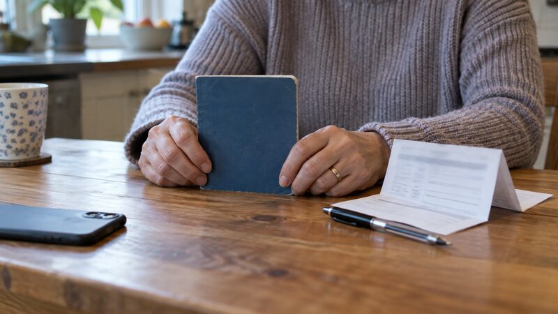 Hands rest a passbook beside a standing order form and pen on a table.