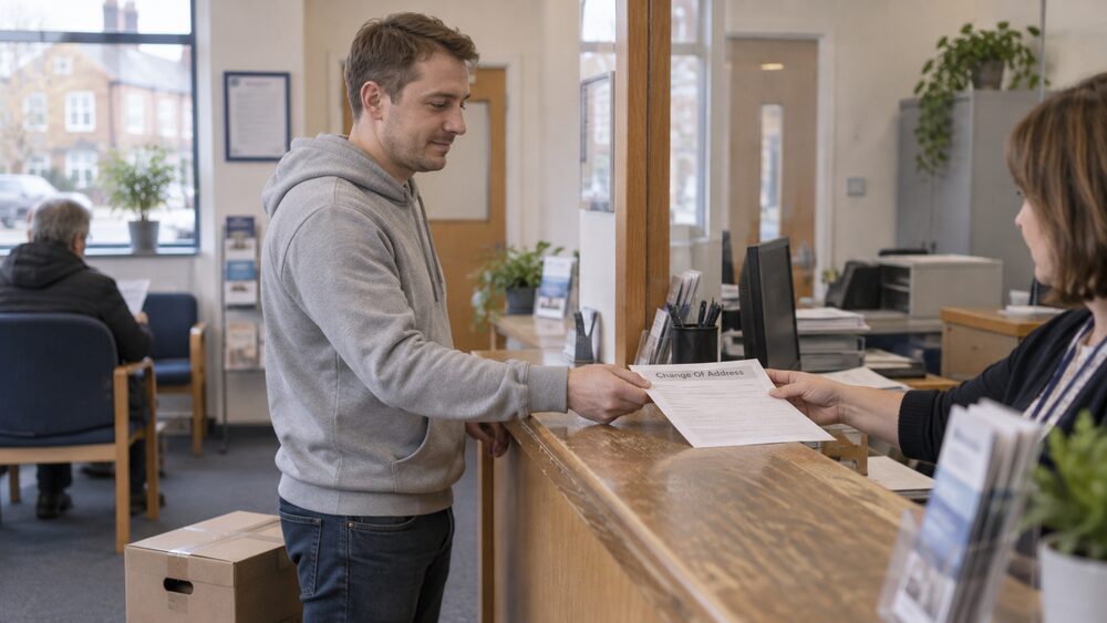 A young woman holds a savings passbook in the doorway of her new flat among moving boxes.
