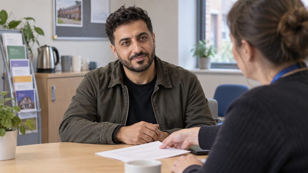 A support worker slides a referral form to a man across a table.