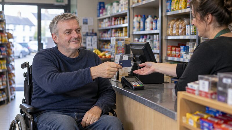 A wheelchair user holds out a debit card at a small shop counter with a card terminal.