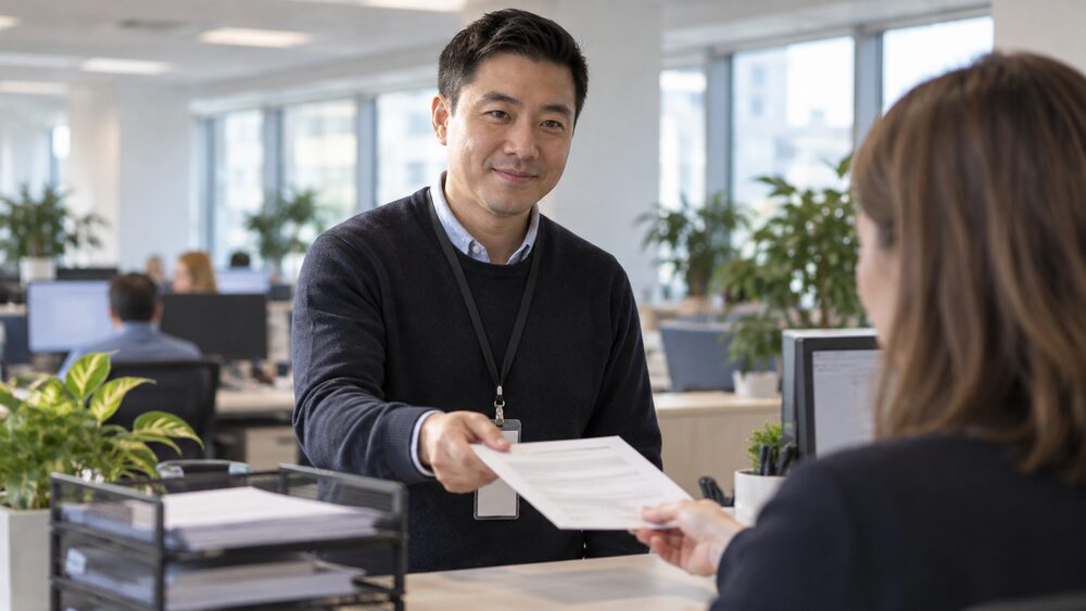 An office worker hands a completed form to a colleague at an HR desk.