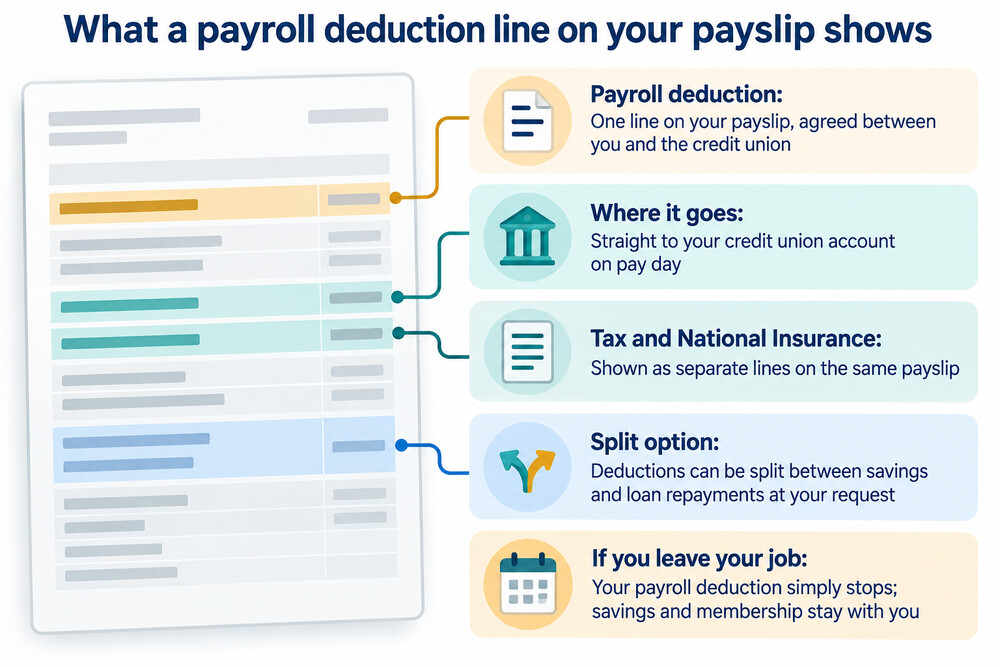 A payslip showing a single credit union deduction line alongside tax and National Insurance