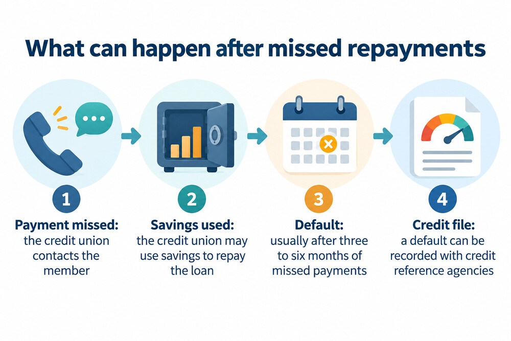 A flow showing what can happen after a missed credit union loan repayment