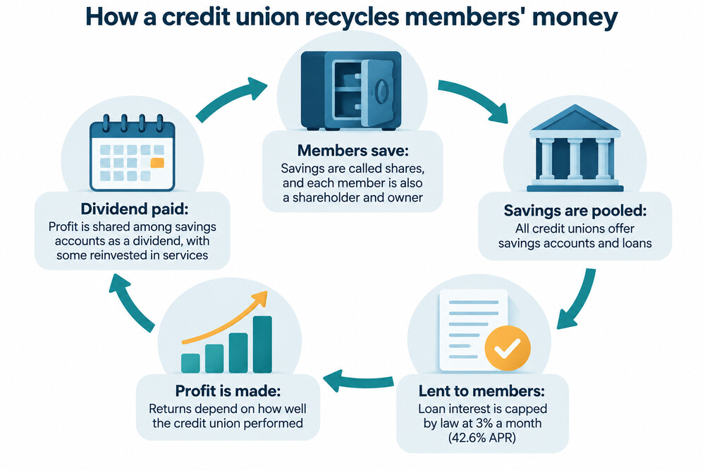 A circular diagram showing members' savings flowing into the credit union and loans flowing back out to members