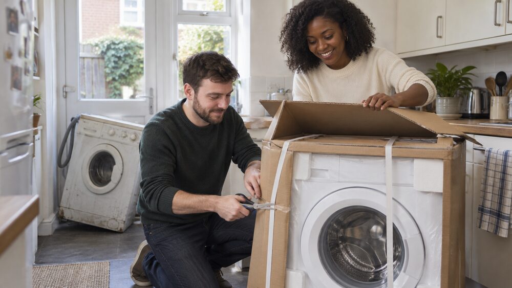 A couple unwrap a new washing machine in their kitchen beside an old broken one.
