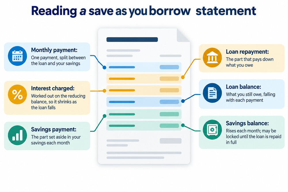 A credit union loan statement showing one payment split into a loan repayment and a savings contribution